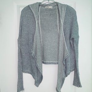 Blue and White Knit Hooded Cardigan